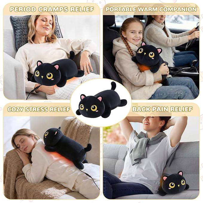 Cat Heating Pad for Period Cramps Menstrual Pain Relief, Portable Electric Heat Pads USB Powered, Cute Black Cat Plush Stuffed Animals Gift, Funny Cats Gifts for Women Teen Girls Birthday Christmas