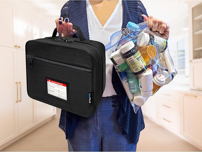 Large Pill Bottle Organizer With Emergency Card - 10 Pockets Medicine Bag for Travel & Home Storage - Black