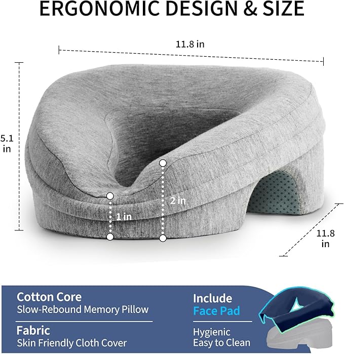 Face Down Pillow for Massage Table, Massage Headrest for Bed, Stomach Sleeping Pillow with Face Cradle Pad, BBL Pillow After Surgery Post Eye Surgery Recovery, Massage Pillow with Removable Cover Grey