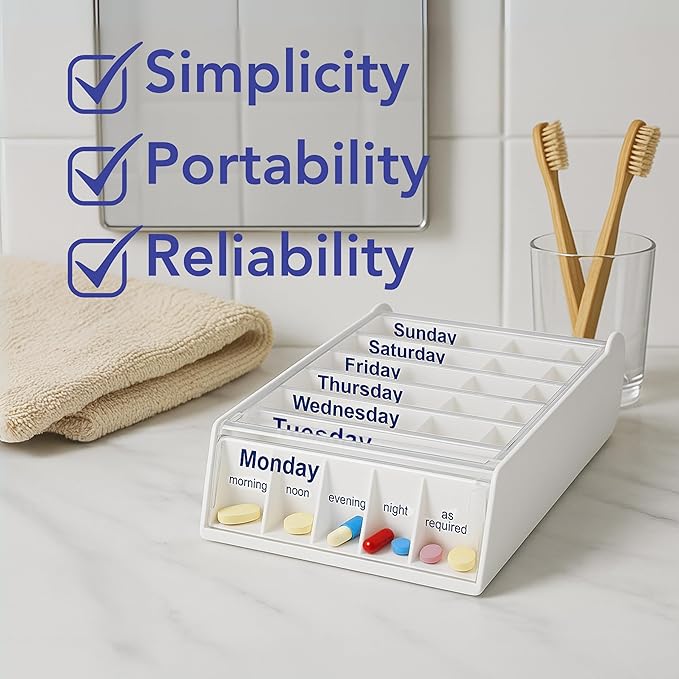 Anabox Weekly Pill Organiser, 7 Day Pill Box, Handy Organised Tablet Dispenser/Container, White, 19 x 12 x 5.4 cm
