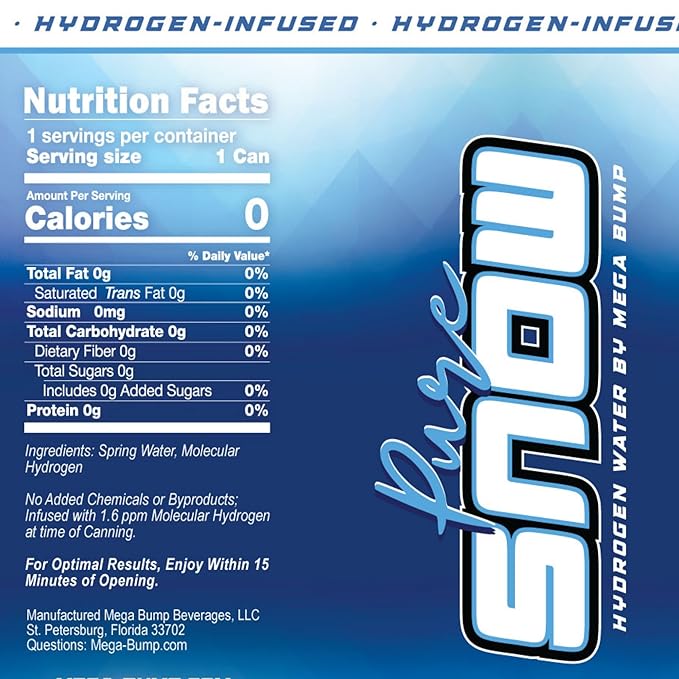 Mega Bump Pure Snow Hydrogen Water - 12-Pack 12oz Cans, 2-3 PPM Molecular Hydrogen Infused Mountain Spring Water, Ouichita Wilderness Valley, Award-Winning Recovery Hydration