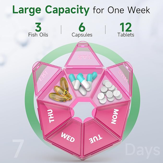 Weekly Pill Organizer, 2 Pack Portable Pill Box Medicine case 6 Colors (Seven Day) New Edition for Vitamin/Fish Oil/Pills/Supplements-Arthritis Friendly (Red)