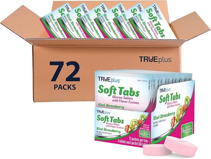 TRUEplus Soft Tabs Glucose Tablets, Chewable, Kiwi Strawberry Flavor, 16g Fast-Acting Carbohydrates, Fat Free, Gluten Free, Raise Low Blood Sugar and Boost Energy, 4 Count, 72 Packs