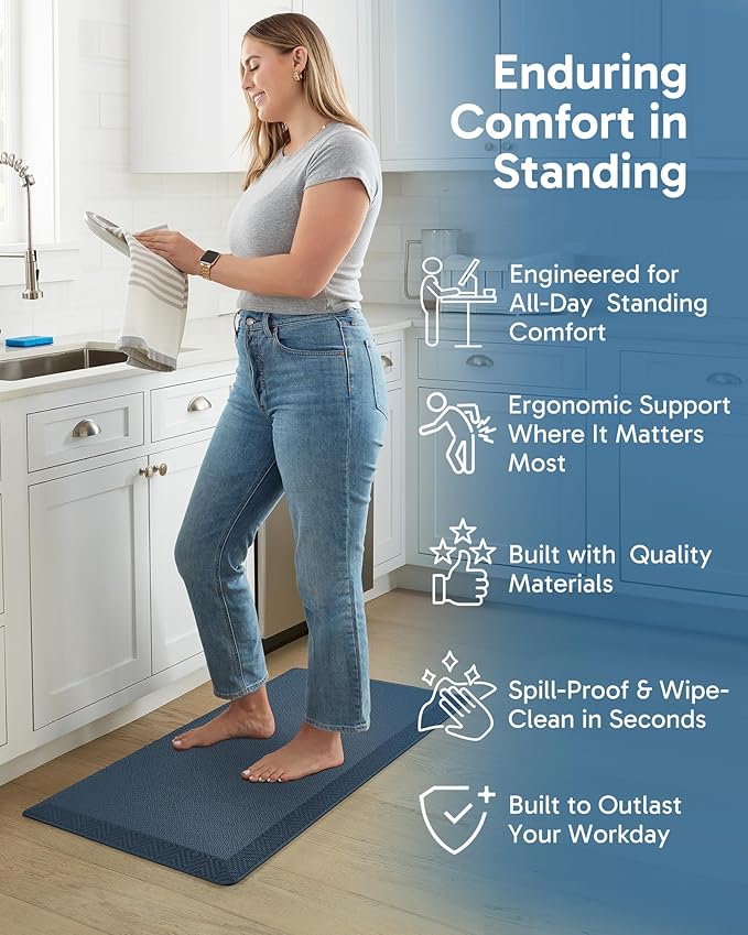 Ophanie Kitchen Mats for Floor, 3/4 Inch Thick Kitchen Rugs, 20''x39'' Anti Fatigue Standing Cushioned Mat, Waterproof,Comfort Ergonomic Mat for Office, Home, Sink, Blue Non-Slip Bottom