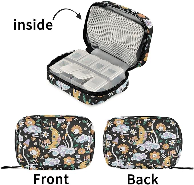 Bohemian Mushroom Moon Pill Box 7 Day Pill Case Travel Pill Organizer Bag Container for Medicine with Zipper Portable Weekly Case Compact Size for Medicine, Vitamin, Supplement