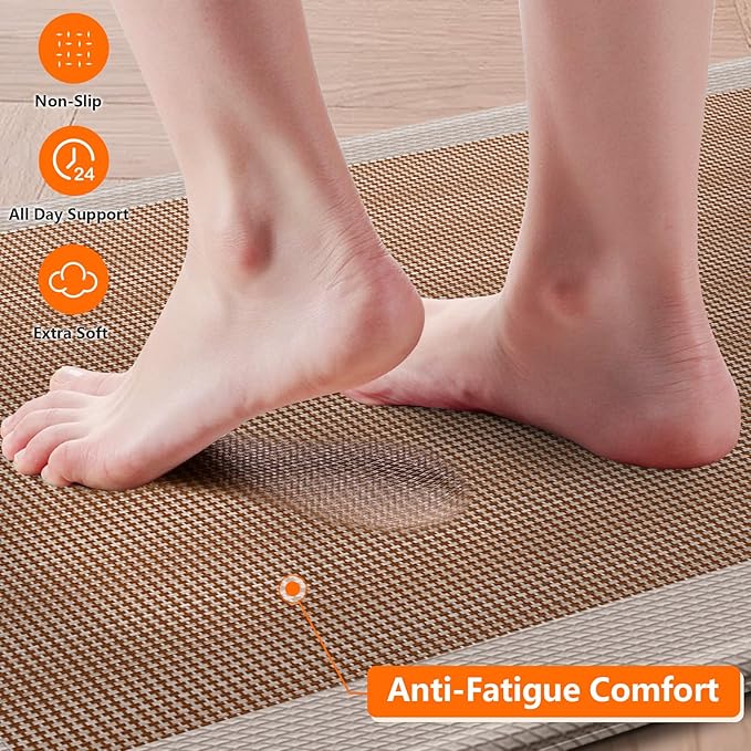 Kitchen Mats, 2PCS Kitchen Rugs for Floor, Cushioned Anti-Fatigue Mats for Kitchen Floor, Non-Slip Standing Desk Mat for Sink, Home, Laundry & Office, 17.3"x30"+17.3"x47" (Khaki)