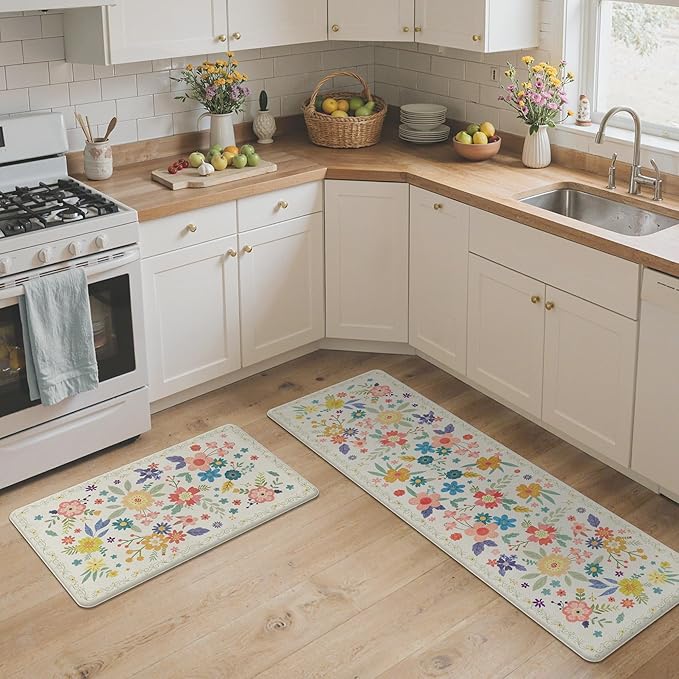 GENIMO Kitchen Mats for Floor 2PCS, Cushioned Kitchen Rugs Non Slip Washable, Farmhouse Anti Fatigue Mat Waterproof, Comfort Standing Mat Rug for Office, Home, Laundry, 17.3"x59"+17.3"x30", SoftWhite