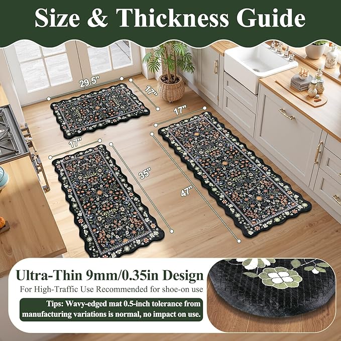 Yamaziot Anti Fatigue Kitchen Rugs Set of 3 - Boho Non Slip Waterproof Kitchen Mats for Floor, Boho Runner Rug for Kitchen Floor, Laundry, Desk, Bar, Office, 17.3"x29"+17.3"x35"+17.3"x47", Black