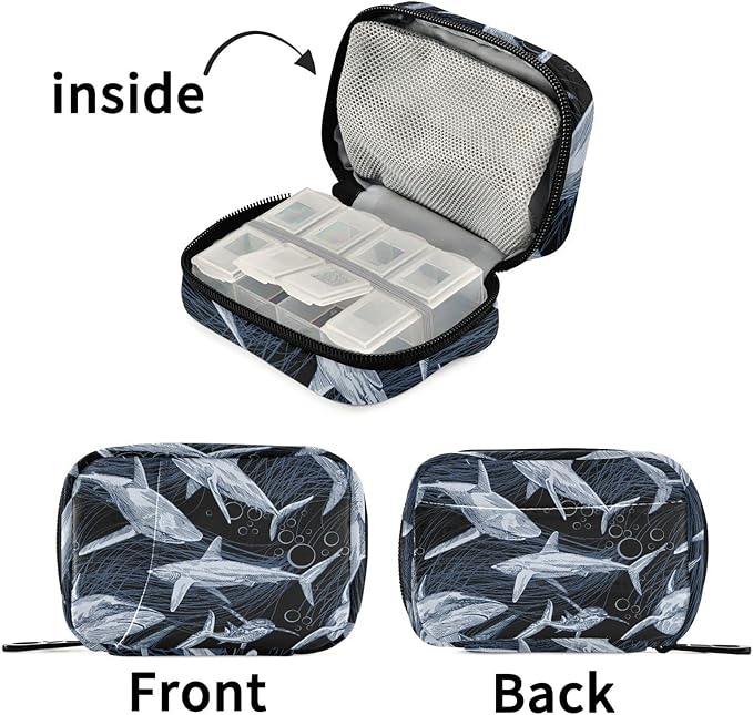 Shark Pill Box 7 Day Pill Case Travel Pill Organizer Bag with Zipper Portable Weekly Vitamin Medicine Supplement Holder Pouch Bag