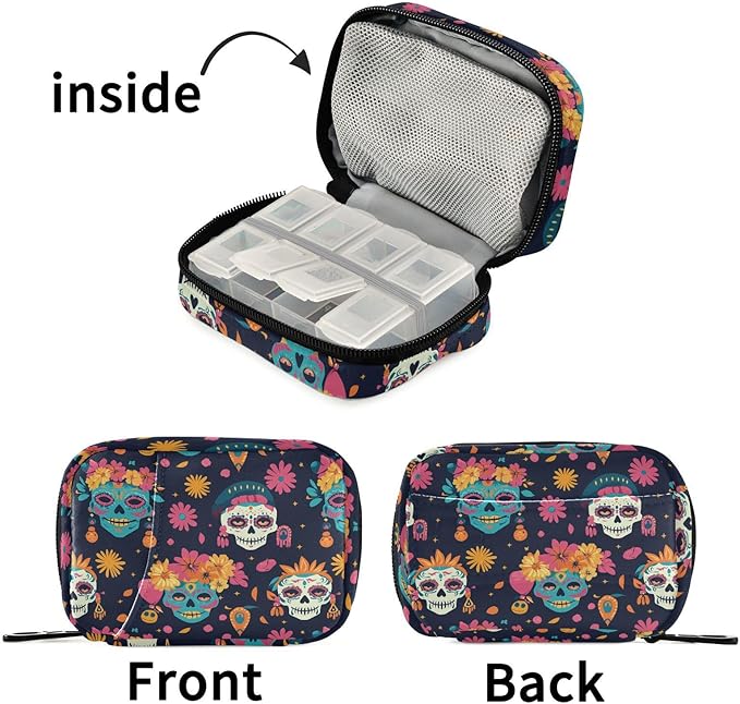 Fustylead Beautiful Sugar Skulls Women and Floral Pill Organizer for Purse, Weekly Portable Pill Box with Zipper to Storage Vitamins Fish Oils Medications Supplements