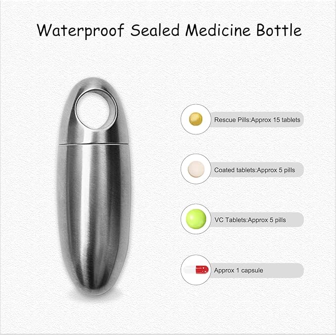 Mini Titanium Pill Holder Keychain, Waterproof EDC Pill Container Organizer for Travel, Pocket, Purse - Silver Bullet-Shaped Metal Medicine Case for Medicine & Vitamins - A 2PCS