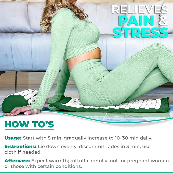 Sivan Back and Neck Pain Relief Acupressure Mat and Pillow Set, Chronic Back Pain Treatment - Relieves Your Stress of Lower Upper Back and Sciatic Pain - Green