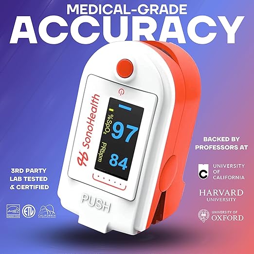 Pulse Oximeter by SonoHealth - Fingertip Blood Oxygen Saturation Monitor, Data Recording, Bluetooth-Enabled - Lifetime Mobile App Access (Pulse Oxi V 1.0)