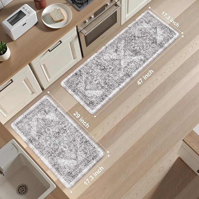 KIMODE Anti Fatigue Kitchen Mats, 2 PCS Cushioned Kitchen Rugs and Mats, Waterproof Kitchen Floor Mats Non Slip, Boho Comfort Foam Standing Mat for Laundry, Office, Sink, Grey Brown 17"x47"+17"x29"