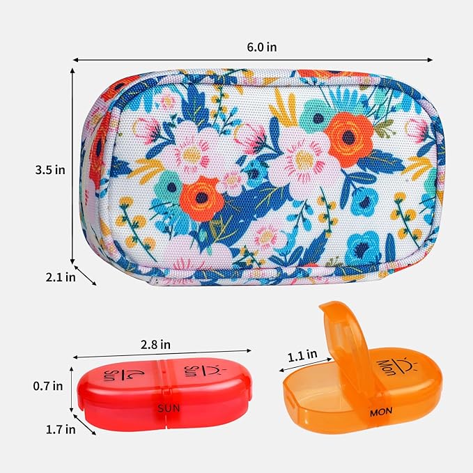 Serfeymi Weekly Travel Pill Organizer 2 Times A Day AM PM Rainbow Pill Box 7 Day with Zipper Canvas Pill Case, Medicine Organizer for Pills, Vitamins, Fish Oils - Purple 01+ Bloom 01