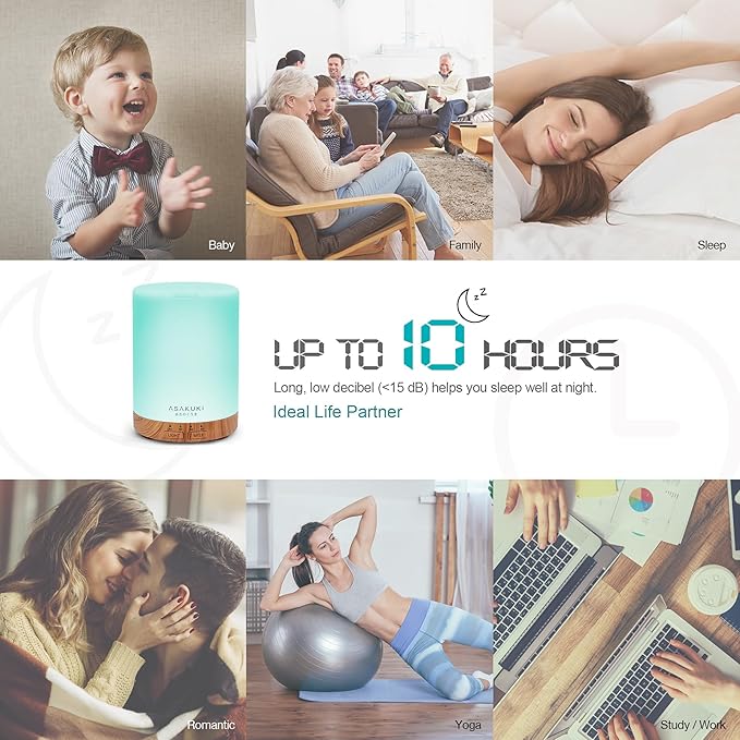 ASAKUKI Essential Oil Diffuser for Home, 300 ml Humidifier with Automatic Shut-Off, Quiet Aromatherapy Diffuser with 7 LED Lights for Living Room, Kitchen, Bedroom, Hotel - Light Brown