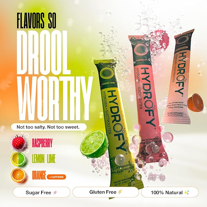 Hydrofy Hydrogen Water + Electrolytes Drink Mix | H2 Hydration Packets with Molecular Hydrogen, Sodium, Potassium, Magnesium, Calcium, and Minerals | No Sugar | Orange + Caffeine 25 ct