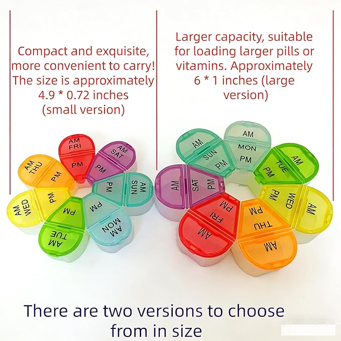 Cute 7 Day AM PM Pill Organizer, Twice a Day Weekly Pill Box with 7 Color Coded Compartments, Flower Shape Portable Travel Pill Case for Vitamins, Supplements and Medications (Multicolor, Large)