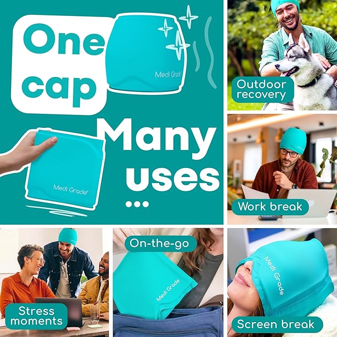 Medi Grade Migraine Relief Cap - Cooling Compression Headache Relief Cap with Full Coverage - Soft Flexible Fabric Gel Migraine Cap that Blocks Light, Reusable Migraine Mask for Cold Therapy