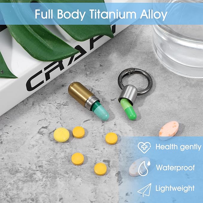 Small Pill Case Keychain Tiny Portable Carabiner Clip Pill Holder Bottle Micro Waterproof Metal Pill Container Mini Emergency Medicine Organizer (Gold and Silver)