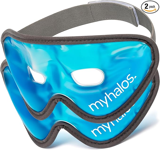 MyHalos Gel Mask - Reusable Cooling Eye Mask with Adjustable Straps - Cold Mask for Puffy Eyes, Dark Circles and Hangovers - Face Ice Pack Compress for Sinus, Headaches (Blue, (Pack of 2))