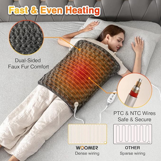 Woomer Faux Fur Electric Heating Pad for Back Pain Relief, Extra Large 20” x 24”, Extended Coverage from Neck to Hip, Two-Sided, Moist Mode, ETL Certified, 6 Adjustable Heats & 2H Auto-Off,Grey