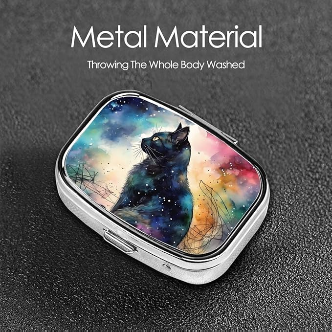 Art Black Cat Pill Box with Mirror 2 Compartment Metal Square Small Pill Case for Purse Pocket Portable Pill Container Holder Travel Medicine Organizer for Vitamin Fish Oil Supplement