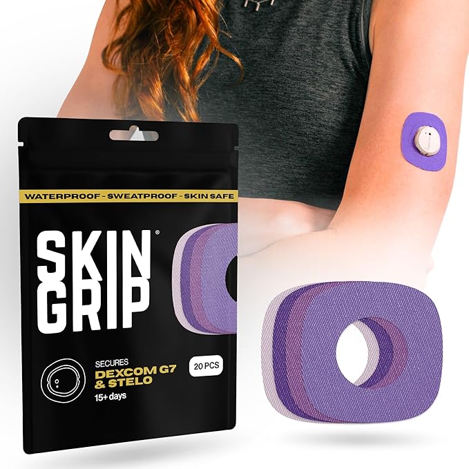 Skin Grip Adhesive Patches Compatible with Dexcom G7 & Stelo CGM with Cutout – Waterproof & Sweatproof Cover for Continuous Glucose Monitor Sensor, Stays Secure for 10-15 Days – 20 Pack, Purple