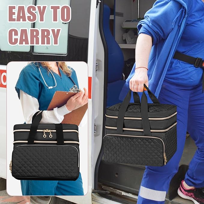 Yarwo Double Layers Medicine Pill Bottle Organizer Empty, Lockable Medication Travel Storage Bag with 5 Customized Dividers for Emergency Home Outdoor First Aid Supplies, Black