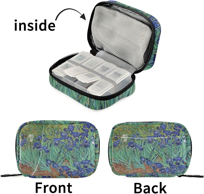 Naanle Irises Van Gogh 7 Day Pill Case Bag Travel Pill Organizer with Zipper Portable Weekly Case Compact Size for Vitamin Supplement Holder