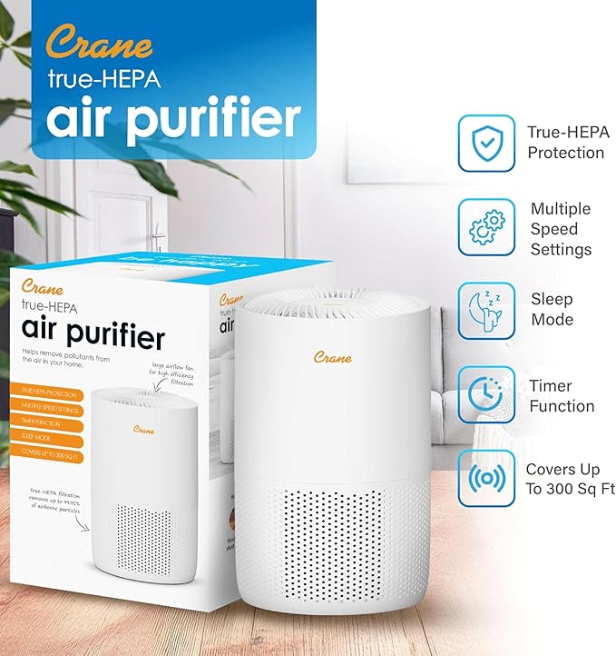 Crane True HEPA Air Purifiers for Home, Up To 300 Sq Ft, Air Purifiers For Bedroom, and Office, Removes Dust, Smoke, Pet Dander, and Allergens, Purifier HEPA with Sleep Timer, Child Lock, Filter Alert
