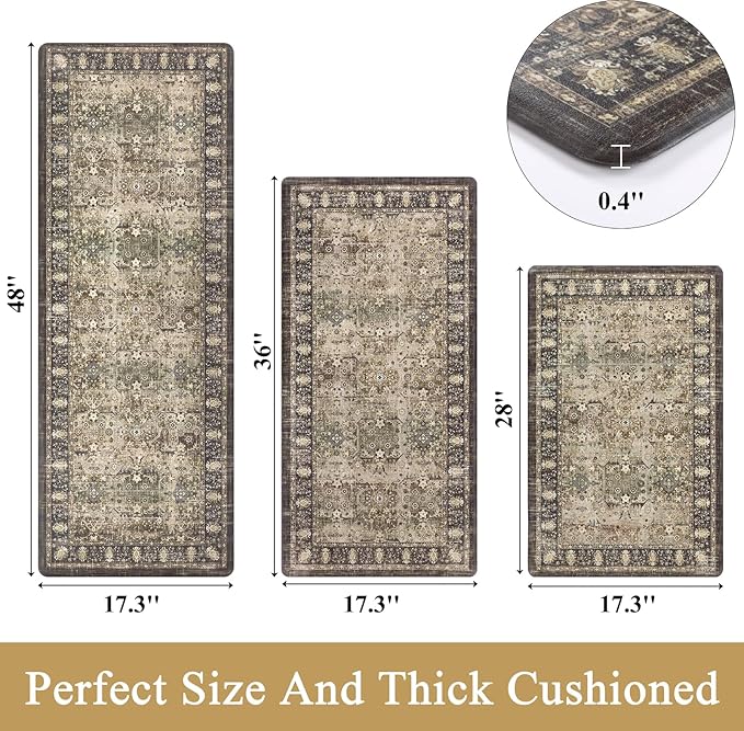 Pauwer Anti Fatigue Kitchen Floor Mats Set of 3, PVC Foam Padded Kitchen Rugs, Non Slip Cushioned Comfort Standing Mat, Waterproof Sink Rug for Small Kitchen Area, Laundry Room, Multi Brown