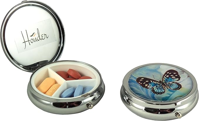 Designer Pill Box by Houder - Decorative Pill Case with Gift Box - Carry Your Meds in Style (Blue Butterfly)