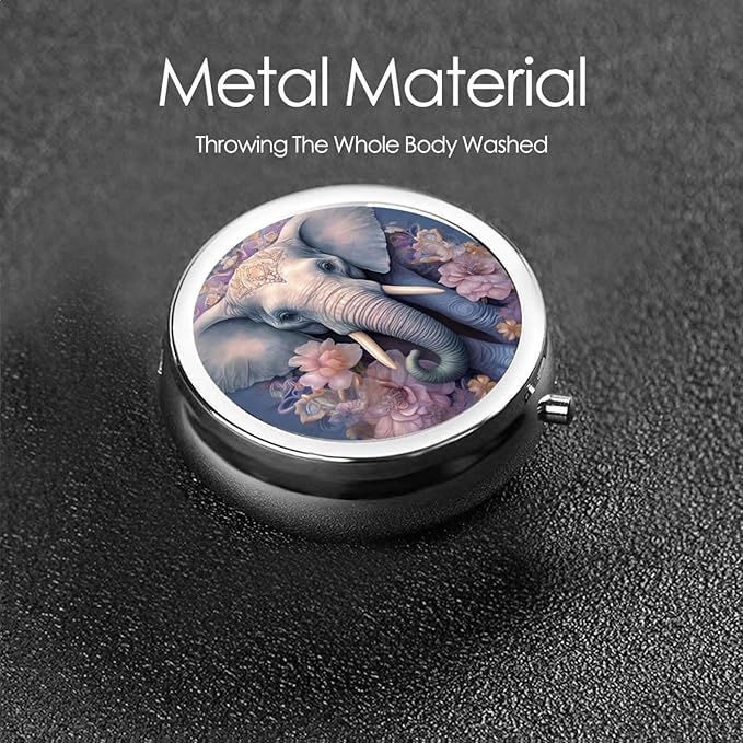 Gorgeous Elephant Flower Pill Box 3 Compartment Pill Case, Portable Medicine Pill Organizer for Pocket Purse Pill Box Decorative Metal Medicine Vitamin Organizer