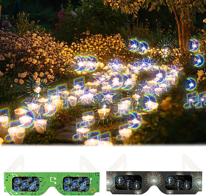 12 Packs Cardboard 3D Diffraction Glasses Fireworks Glasses for Christmas Lights/Parties/Raves/Music Festivals/Light Shows/Fireworks (Moon/Music Symbol/Star/Spiral)
