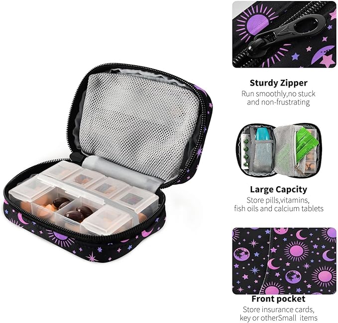 Travel Pill Organizer Bag Weekly Pill Organizer Case Moon Sun Stars Portable Small Daily Pill Boxes for Vitamin Fish Oils Supplement Holder with Zipper Compact Size