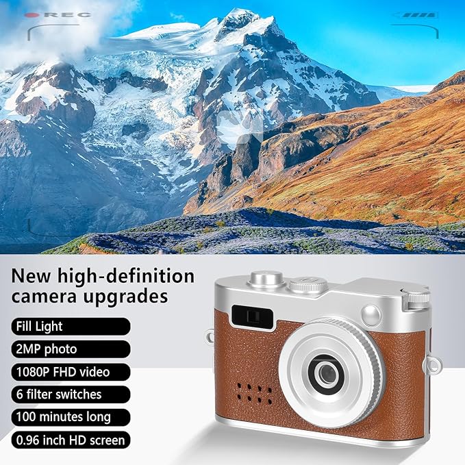 Mini Keychain Camera, FHD 1080p Mini Digital Camera with 32GB SD Card, Flash, 6 Creative Filters, 0.96" HD Display, 100 Mins Battery Life for Travel Recording Birthday Gifts (Vintage, Brown)