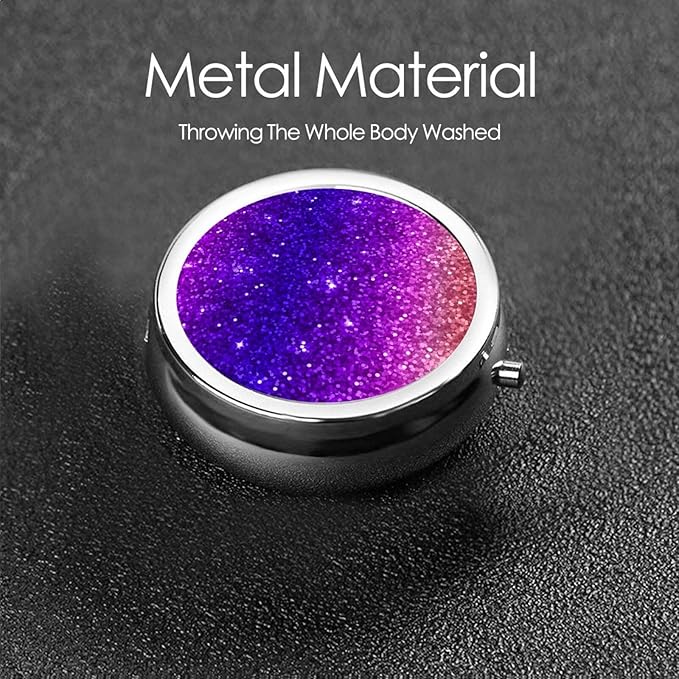Beautiful Purple Glitter Sparkles Pattern Custom Round Silver Pill Box Pocket Medicine Tablet Holder Organizer Case for Purse
