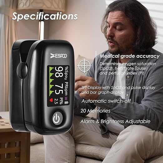 Pulse Oximeter Fingertip, Black, Blood Oxygen Saturation Monitor with TFT Display, SpO2 and Heart Rate Measurement Device