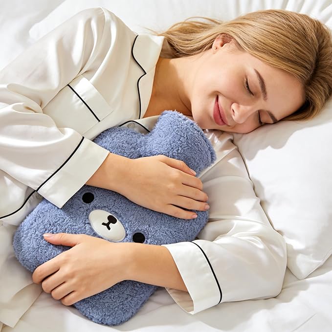 samply Hot Water Bottle with Cute Fleece Cover, Hot Water Bag for Hot and Cold Compress, Hand Feet Warmer, Neck and Shoulder Pain Relief, Navy Blue Bear