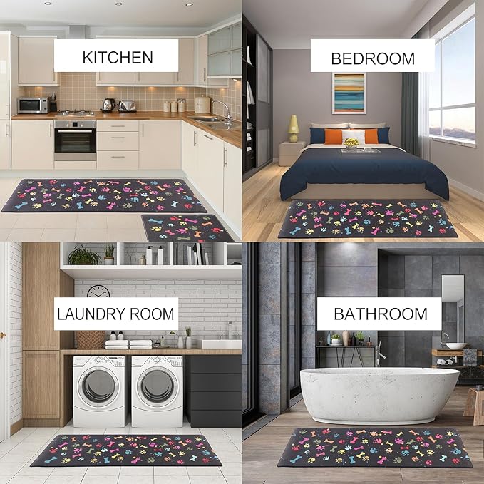 Farmhouse Kitchen Mats Cushioned Anti Fatigue Mats for Kitchen Floor Waterproof Kitchen Mats and Rugs Comfort Standing Mat for Kitchen, Laundry Room, Colorful Dog Paw and Bone(Black/Multicolor)