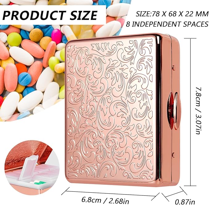 Pill Organizer 7 Days 8 Compartments, Travel Metal Pill Box, BPA-Free Portable Pill Box (Pink, Median)