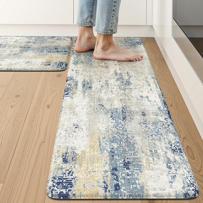 LEEVAN Kitchen Mats Cushioned Anti Fatigue Blue Set of 2,Non Slip Waterproof Kitchen Mats for Floor,Memory Foam Comfort Abstract Kitchen Floor Mat for Sink,Laundry,Home,Office,Desk(17"x29"+17"x47")