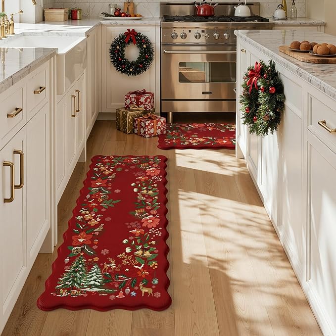 Collive Christmas Anti Fatigue Mats for Kitchen Floor, Xmas Tree Scalloped Kitchen Rugs Sets of 2 Waterproof Padded Floral Rug, Memory Foam Comfort Standing Mat Non Slip for Office, Sink, Laundry, Red
