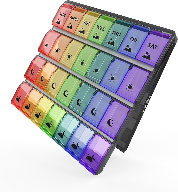 Fullicon Weekly Pill Organizer 4 Times a Day, Large Capacity Pill Case with Easy Fill, Medicine Organizer for Vitamin, Supplement & Pill, Great Gifts for Seniors (Black Rainbow) - Patent Pending