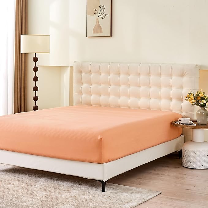 Simple&Opulence Belgian Linen Sheet Set Solid Color - 4 Pieces (1 Flat Sheet & 1 Fitted Sheet & 2 Pillowcases) Natural Flax Cotton Blend Soft Bedding Breathable Farmhouse - Peach, King Size