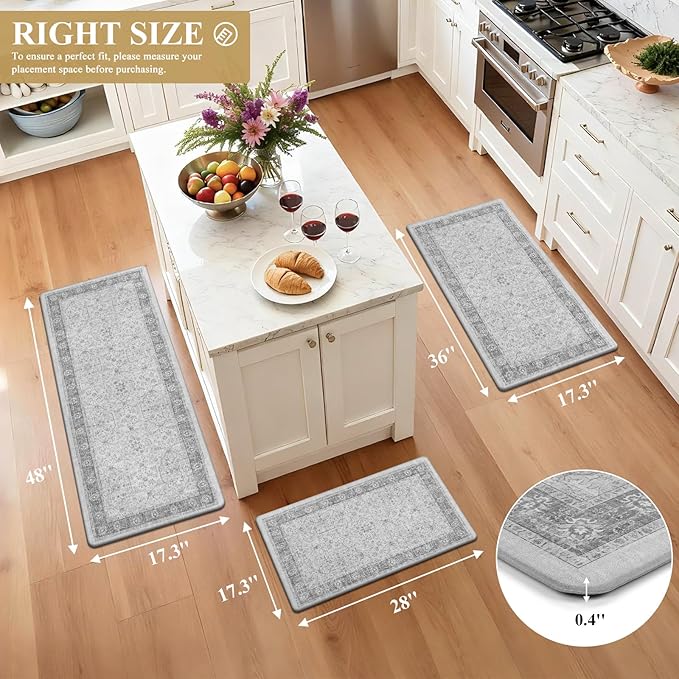 Pauwer Anti Fatigue Kitchen Floor Mats Set of 3, PVC Foam Padded Kitchen Rugs, Non Slip Cushioned Comfort Standing Mat, Waterproof Sink Rug for Small Kitchen Area, Laundry Room, Light Grey