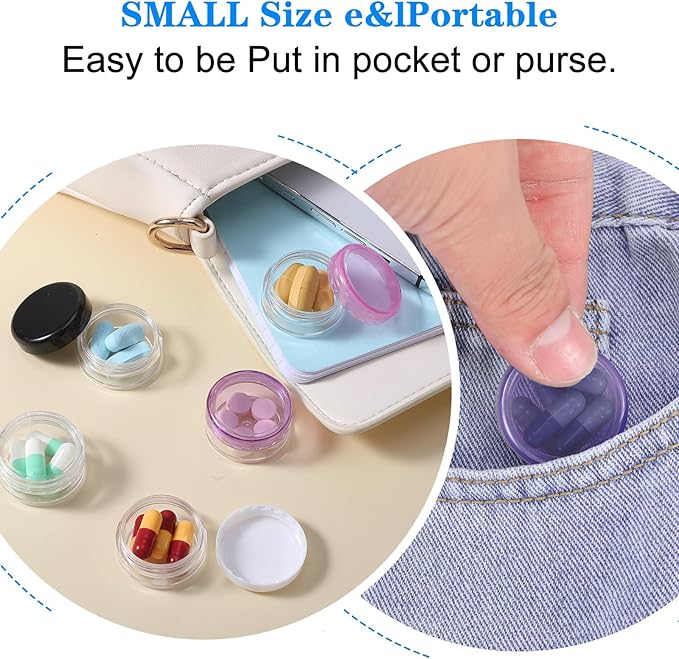 Small Pill Organizer Box, 5 Pcs Travel Pill Cases Holder Portable Daily Pill Container No BPA Mini Medicines Storage Container for Purse Pocket Briefcase (Purple/Rose Red/White/Black/Clear)