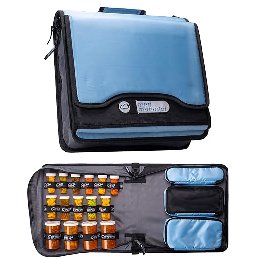 Med Manager Medicine Organizer and Binder, Removable Pouches, Detachable 5-Tab Expanding File Folder, Holds 15 Pill Bottles - 11 Standard Size and 4 Large Bottles, Light Blue 13 x 13 x 4.5 inches