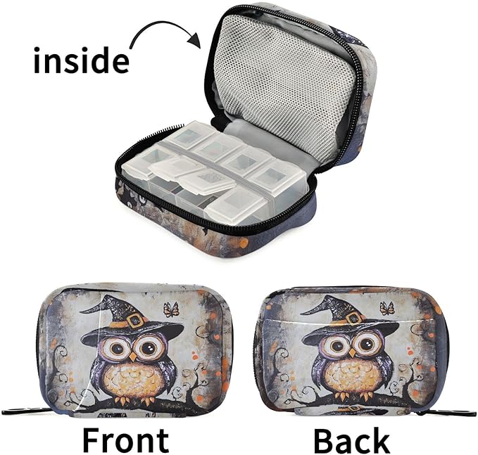 Fustylead Halloween Funny Cute Owl on Branch Travel Pill Case Bag with Zipper Weekly Pill Box 8 Compartments 7 Day Personal Pill Case Purse Medicine Case Organizer